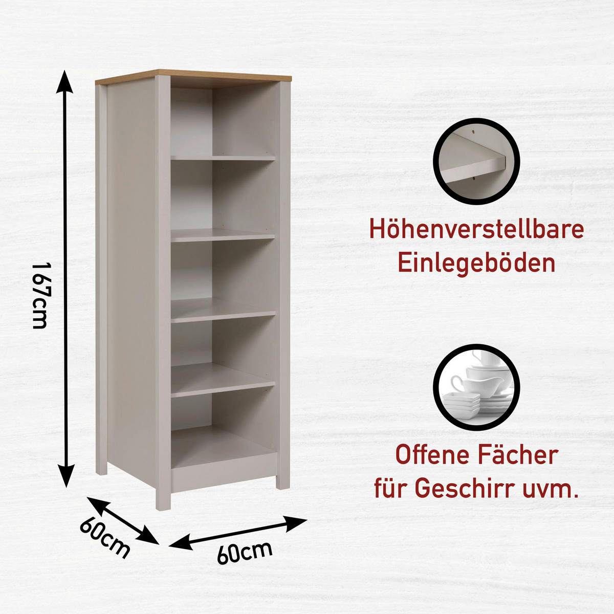 STANDREGAL Kaschmir, Eiche Artisan  - Kaschmir/Eiche Artisan, ROMANTIK / LANDHAUS, Holzwerkstoff (60/167/60cm) - home24