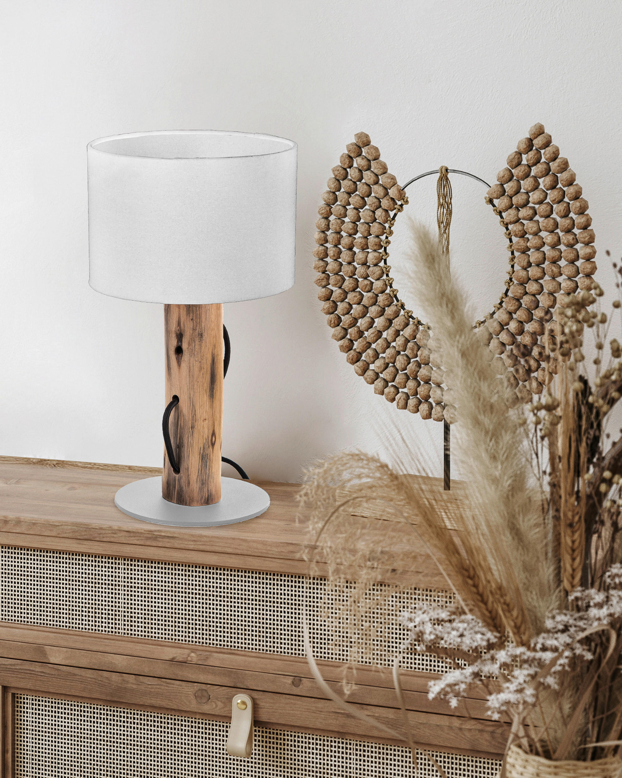 TISCHLEUCHTE Norin 18/32,6 cm   - Weiß/Braun, Natur, Holz/Textil (18/32,6cm)