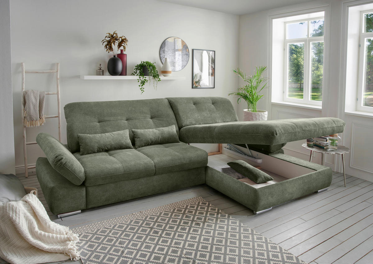 ECKSOFA in Chenille Dunkelgrün  - Chromfarben/Dunkelgrün, MODERN, Textil/Metall (300/196cm) - Livetastic
