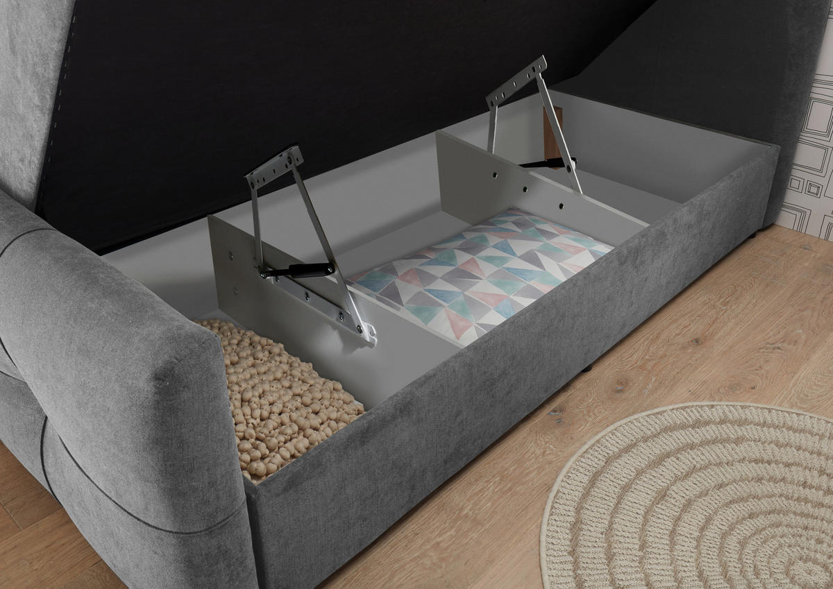 BOXBETT 180/200 cm,  in Dunkelgrau, gepolstertes Kopfteil, Bettkasten, Topper, H2 + H2 = mittel  - Dunkelgrau, MODERN, Kunststoff/Textil (180/200cm) - MID.YOU