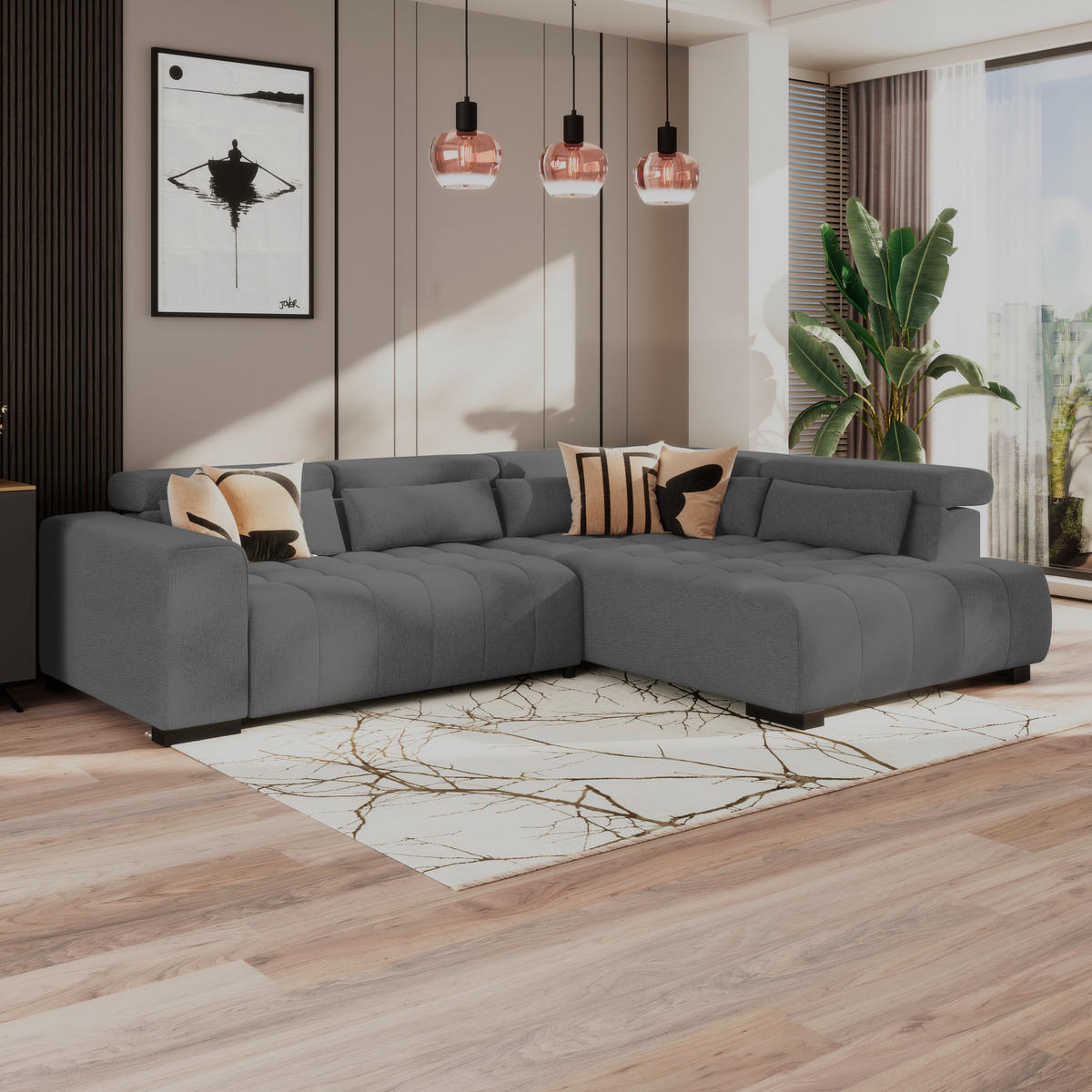 ECKSOFA MATERA Anthrazit Chenille, Struktur Nierenkissen, Kopfteilverstellung, Sitzvorzug  - Anthrazit/Schwarz, Trend, Holz/Textil (311/226cm) - MID.YOU