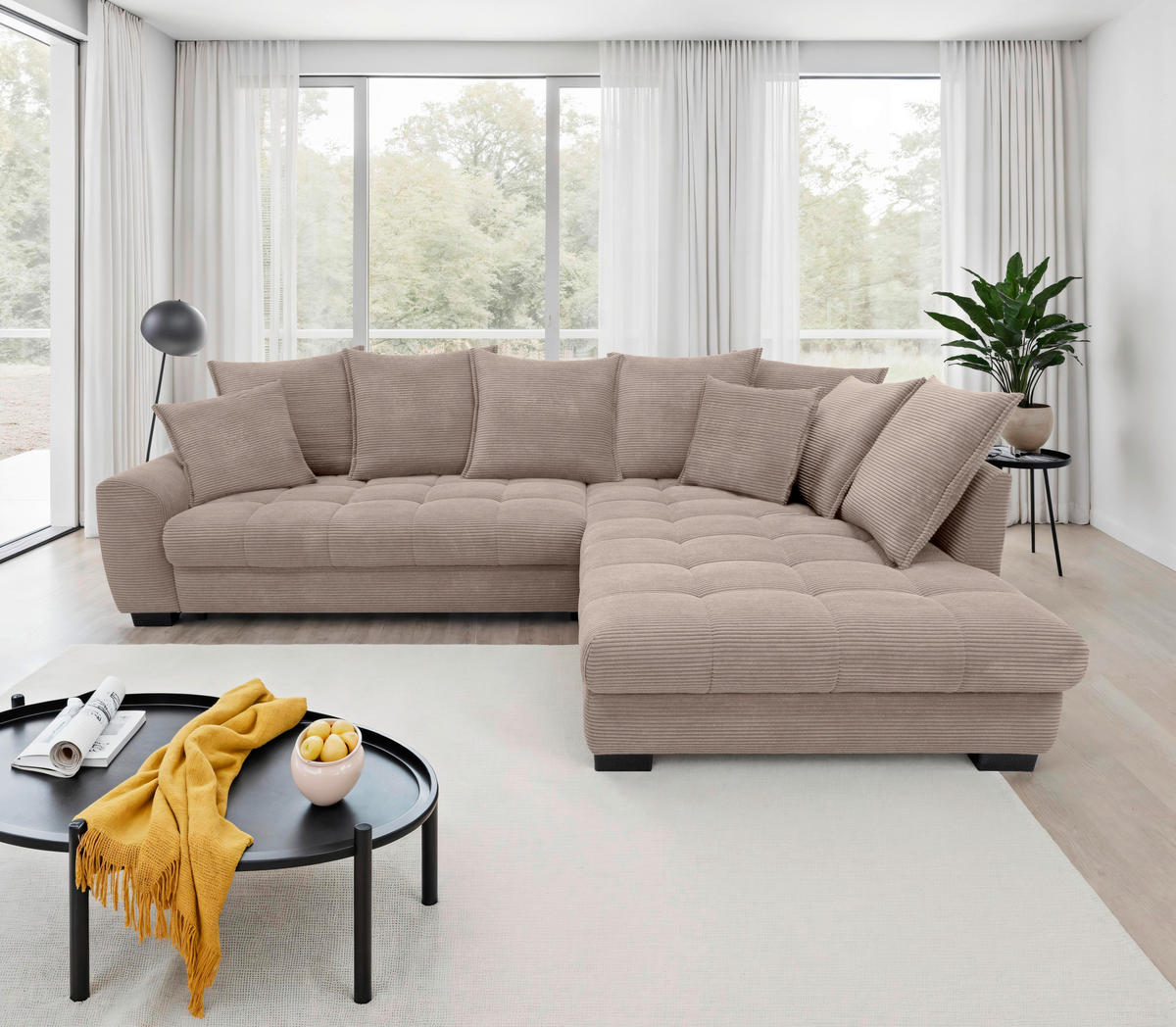 ECKSOFA Taupe Cord Rückenkissen, Armlehnenkissen, Bettkasten, Schlaffunktion, Rücken echt, Liegefläche im Originalstoff  - Taupe/Schwarz, KONVENTIONELL, Kunststoff/Textil (304/212cm) - Carryhome