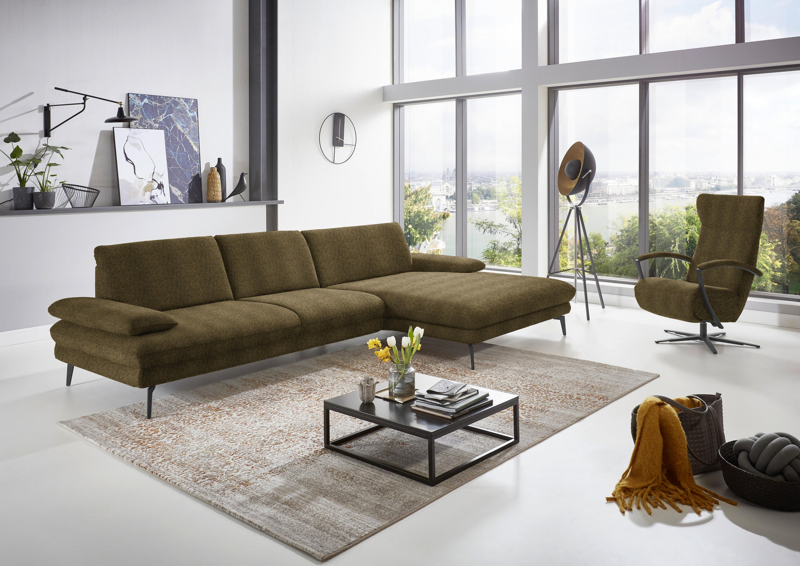 ECKSOFA in Chenille Grün  - Schwarz/Grün, Design, Textil/Metall (310/180cm) - Dieter Knoll