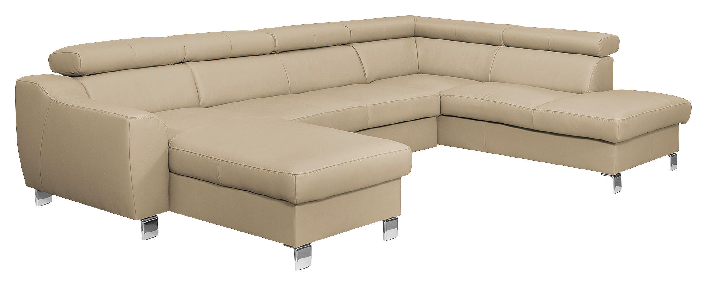 WOHNLANDSCHAFT Beige Echtleder Lederlook - Chromfarben/Beige, Design, Leder/Textil (175/315/208cm) - Livetastic