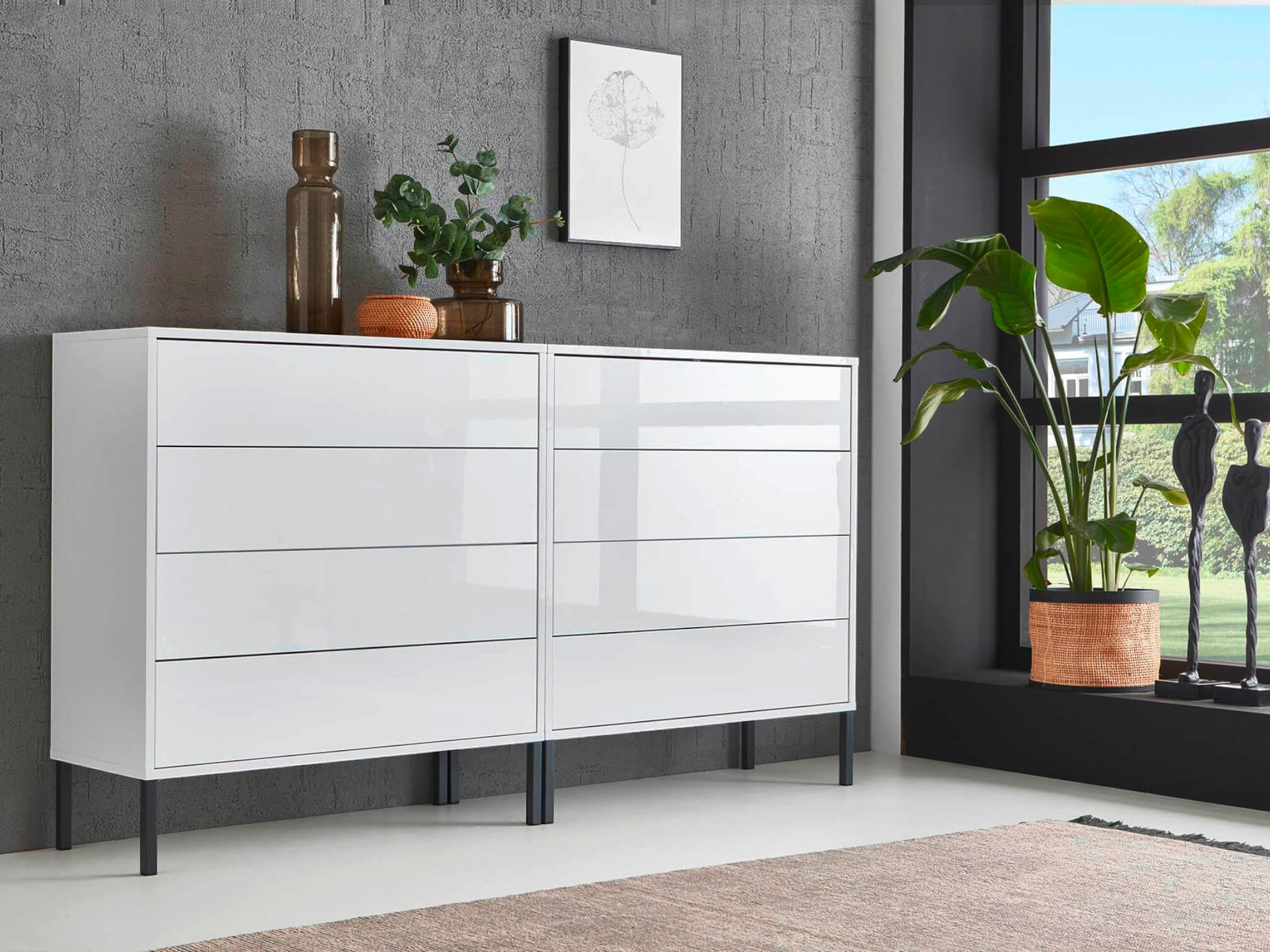 Thumbnail - Mid.you Sideboard Mailand Set 1 + MF, Weiß, Weiß Hochglanz, Holzwerkstoff, 8 Schubladen, 158x86x33 cm, erweiterbar, steh...