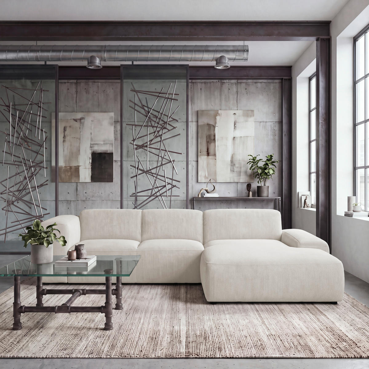 ECKSOFA HANNAH Creme Cord  - Creme/Schwarz, Design, Kunststoff/Textil (304/200cm) - MID.YOU