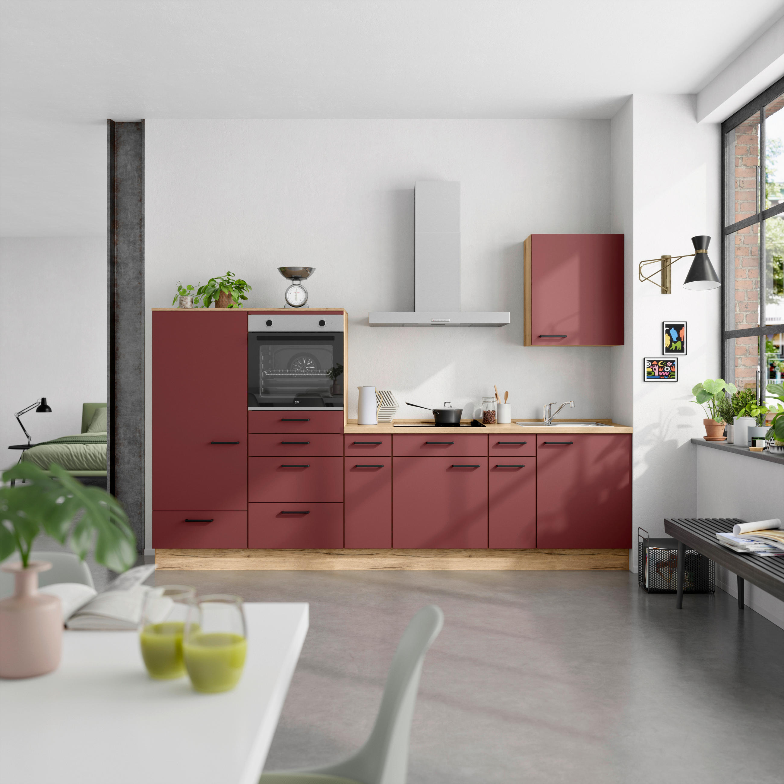 KÜCHENBLOCK Easytouch 300 cm  in Eichefarben, Dunkelrot  - Eichefarben/Schwarz, MODERN, Holzwerkstoff/Metall (300cm) - Nobilia