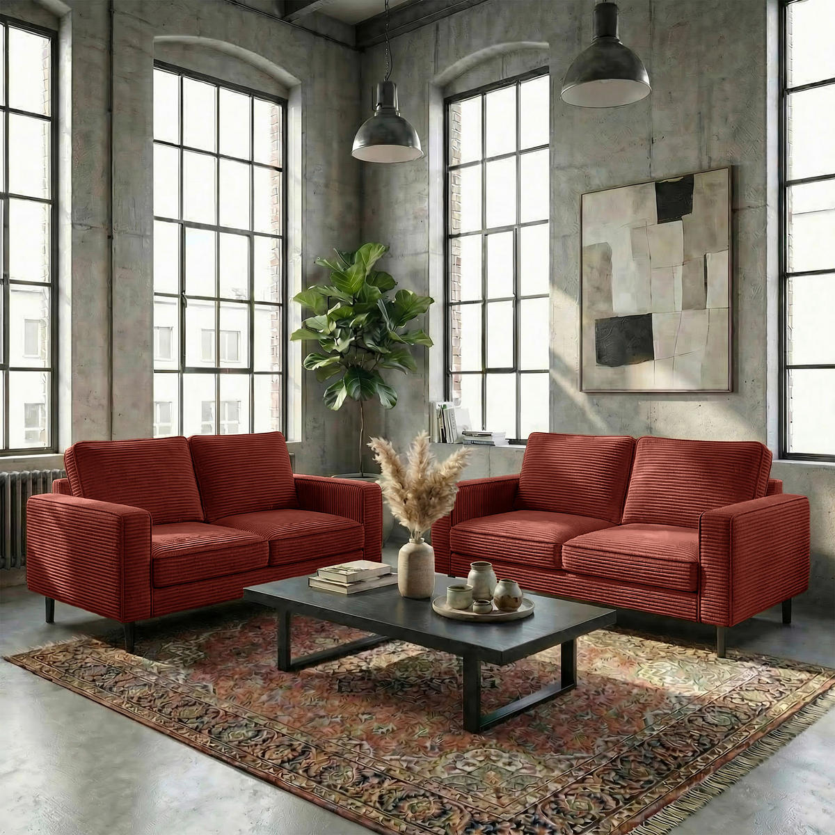 2,5-SITZER Cord Rot  - Rot/Schwarz, Design, Textil/Metall (168/85/92cm) - Livetastic