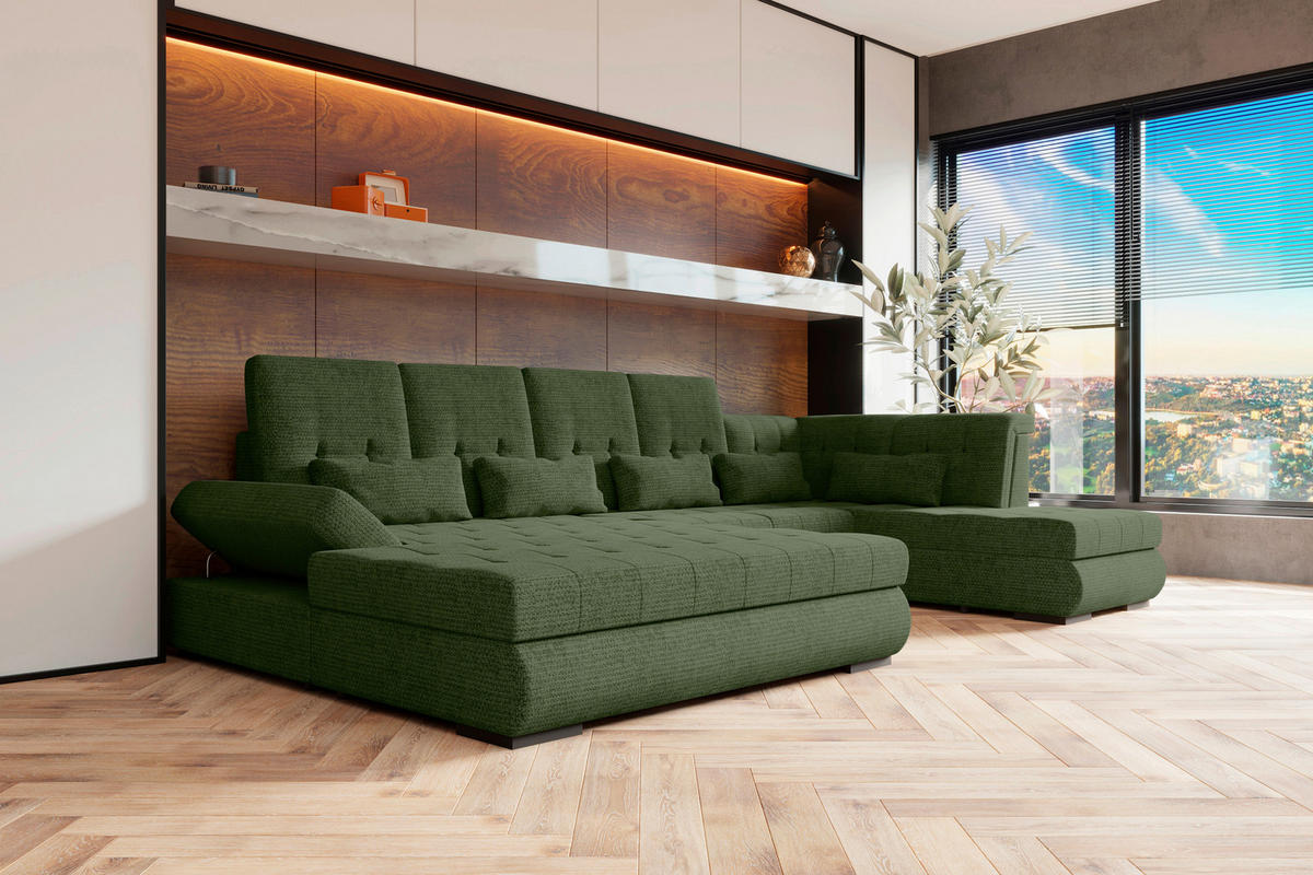 WOHNLANDSCHAFT Olivgrün Struktur  - Schwarz/Olivgrün, KONVENTIONELL, Kunststoff/Textil (212/358/222cm) - Carryhome