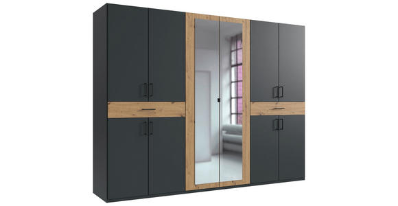 DREHTÜRENSCHRANK in Graphitfarben, Eiche Artisan - Schwarz/Graphitfarben, KONVENTIONELL, Glas/Holzwerkstoff (270/208/58cm) - Carryhome