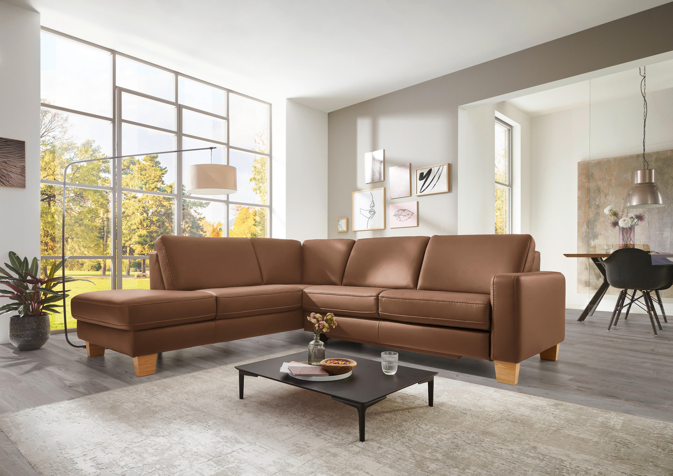 ECKSOFA in Echtleder Braun  - Eiche Bianco/Braun, Natur, Leder/Holz (235/257cm) - Valdera