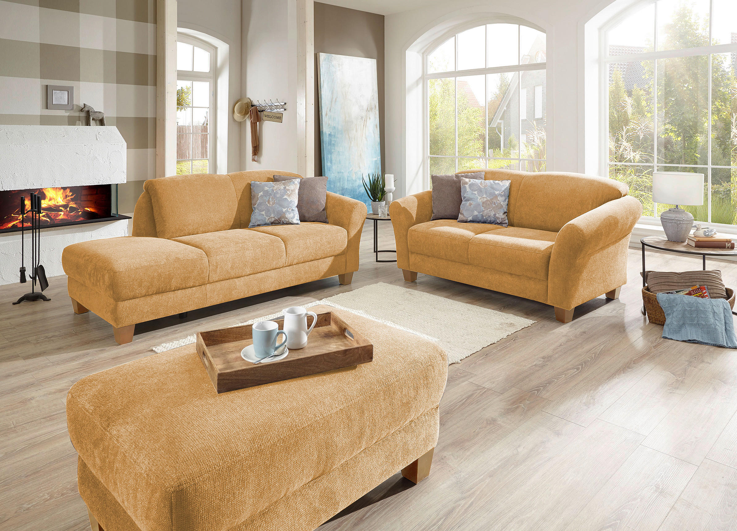 2-SITZER-SOFA Flachgewebe Senfgelb  - Senfgelb/Naturfarben, KONVENTIONELL, Holz/Textil (163/84/89cm) - Sit & More