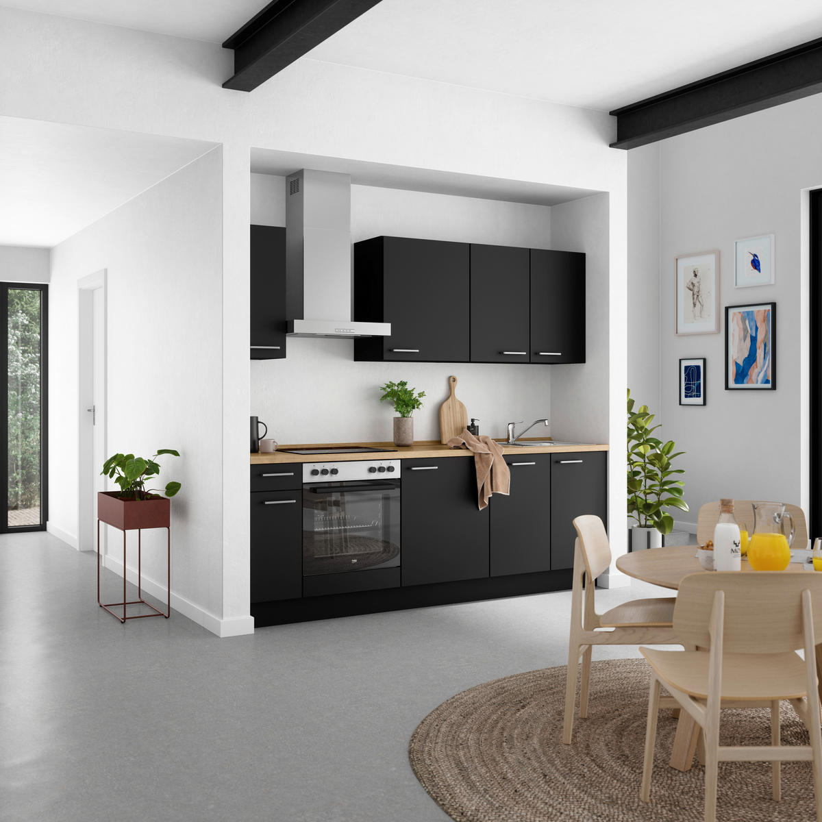 KÜCHENBLOCK 240 cm   in Schwarz, Eichefarben  - Edelstahlfarben/Eichefarben, MODERN, Holzwerkstoff/Metall (240cm) - Nobilia