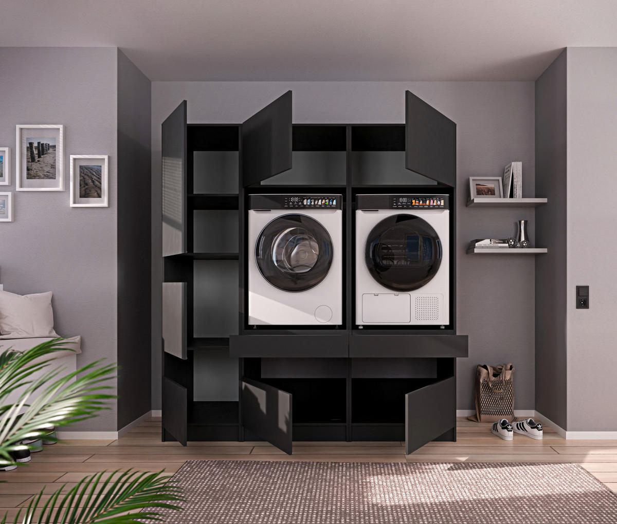 WASCHMASCHINENSCHRANK 68/200/68 cm  in Anthrazit  - Anthrazit/Schwarz, Design, Holzwerkstoff/Metall (68/200/68cm) - Milino