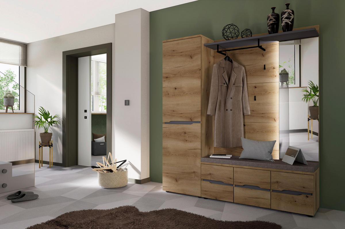 GARDEROBE 3-teilig  in 175/192/38 cm  - Eichefarben/Graphitfarben, KONVENTIONELL, Glas/Holzwerkstoff (175/192/38cm) - Xora