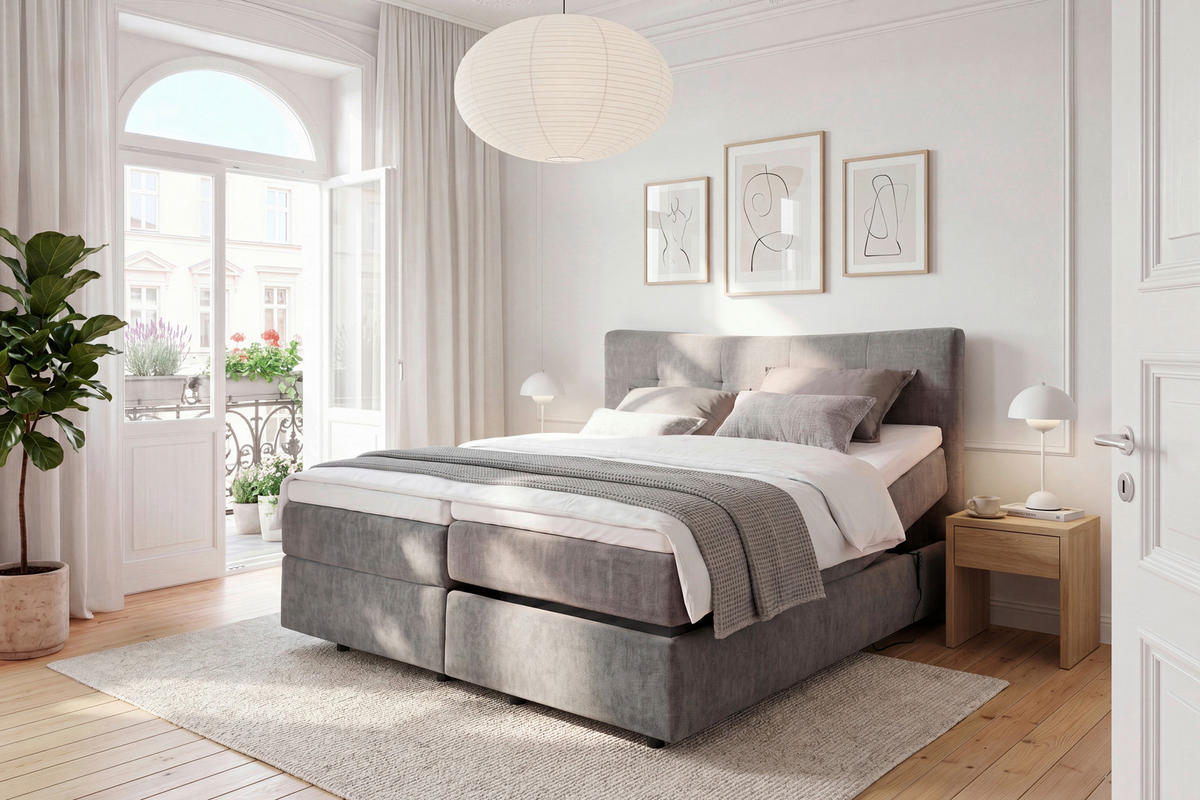 BOXSPRINGBETT 180/200 cm,  in Dunkelgrau, gepolstertes Kopfteil, motorische Verstellbarkeit, Matratzen, H3 + H4 = fest + sehr fest  - Dunkelgrau/Schwarz, Design, Textil (180/200cm) - Novel