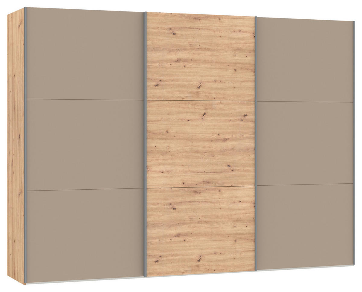 SCHWEBETÜRENSCHRANK  in Hellbraun, Eiche Artisan  - Hellbraun/Silberfarben, Design, Glas/Holzwerkstoff (303/220/65cm) - Jutzler