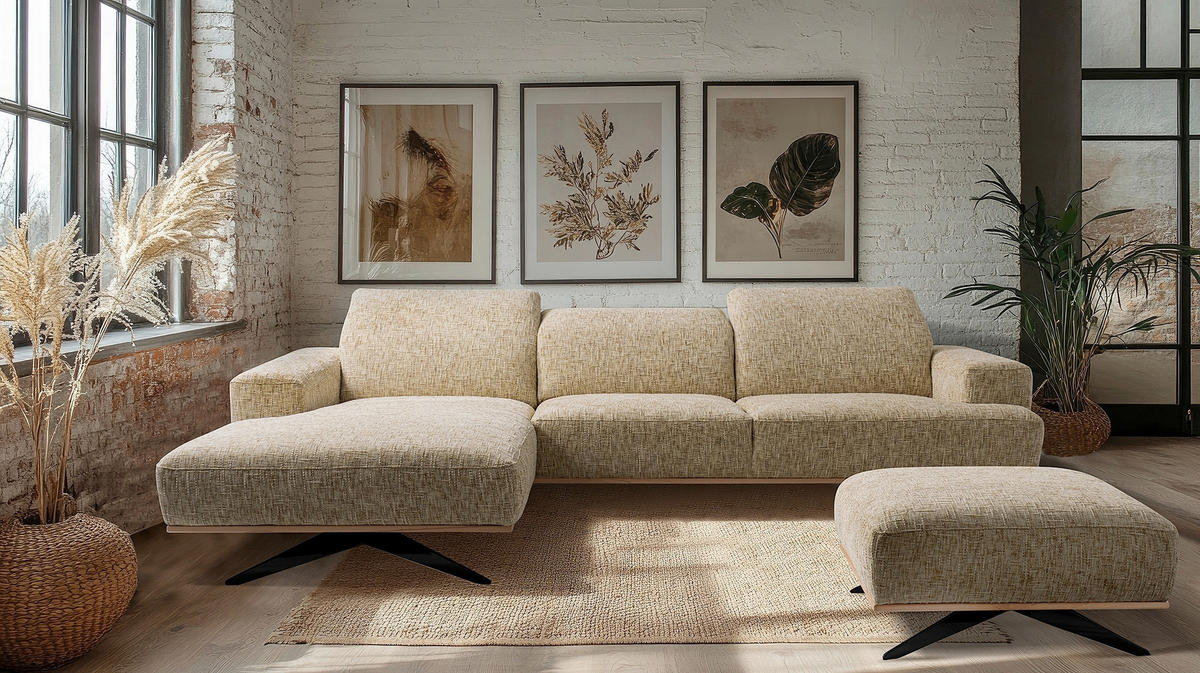 ECKSOFA PORTLAND Hellbraun Struktur Kopfteilverstellung  - Hellbraun/Schwarz, Design, Holz/Textil (187/295cm) - Livetastic