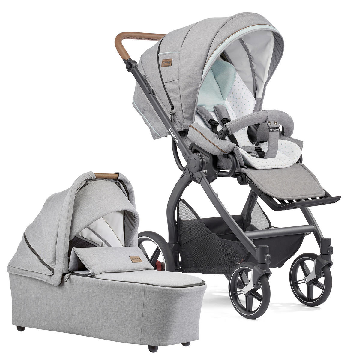 KINDERWAGENSET FX4 Classic  - Hellgrau/Schwarz, Basics, Leder/Textil (57/129/100cm) - Gesslein