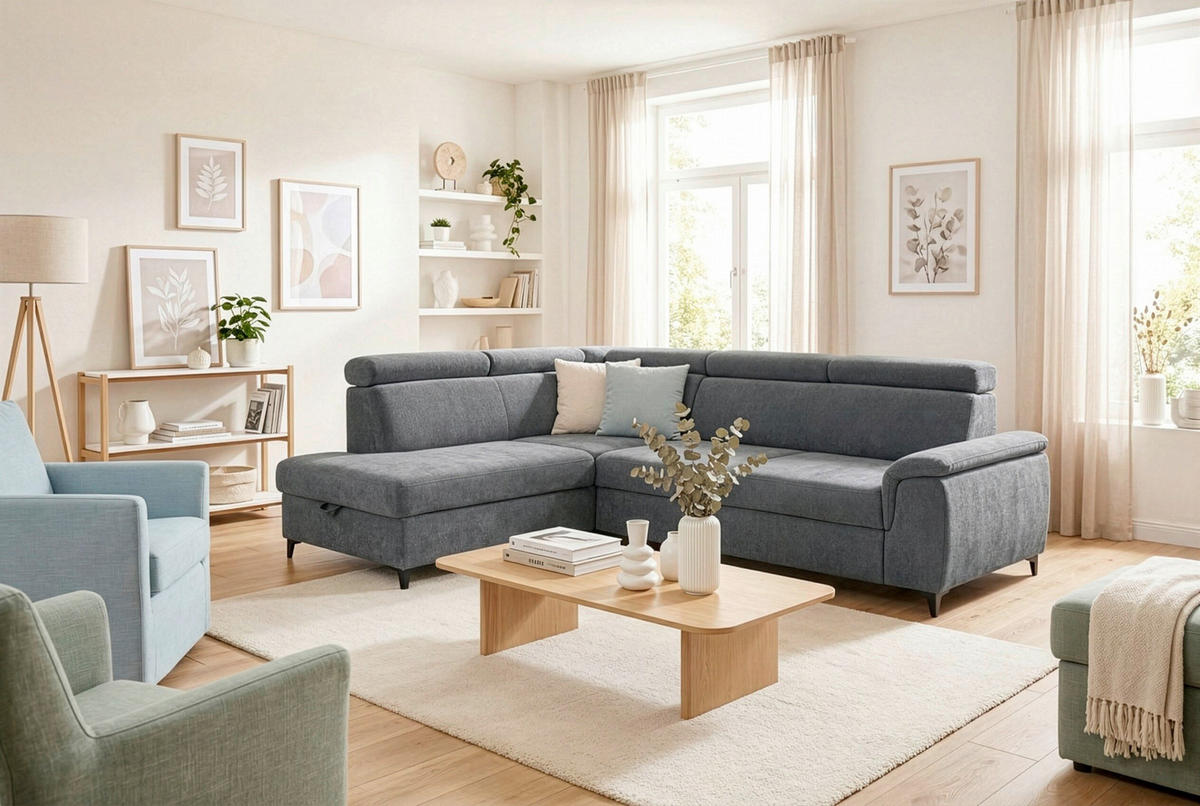 ECKSOFA Dunkelgrau Chenille Bettkasten, Schlaffunktion, Rücken echt, Kopfteilverstellung, Liegefläche im Originalstoff  - Dunkelgrau/Schwarz, KONVENTIONELL, Textil/Metall (206/265cm) - Carryhome