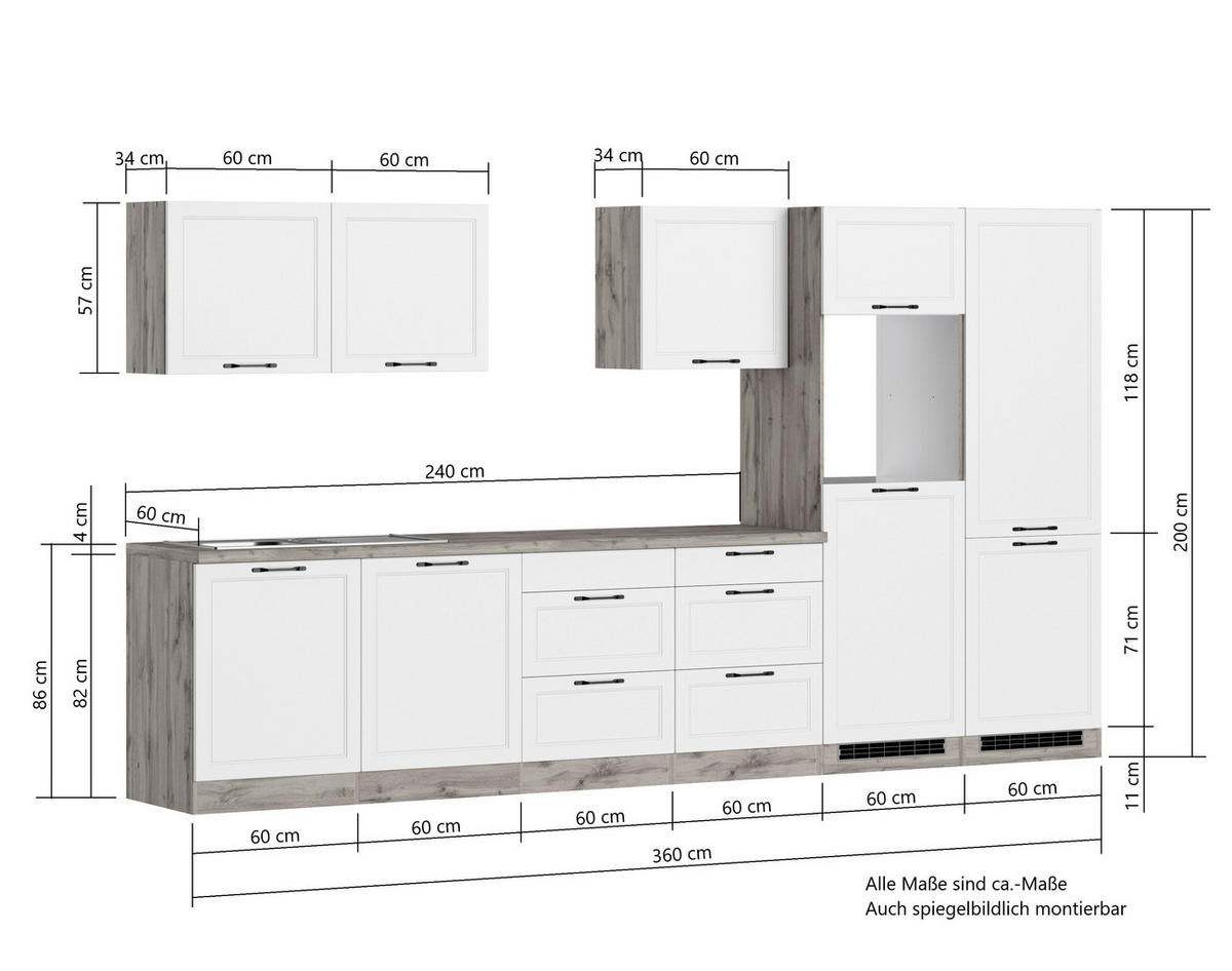 KÜCHENLEERBLOCK 360 cm   in Weiß, Eiche Wotan  - Eiche Wotan/Schwarz, LIFESTYLE, Holzwerkstoff/Metall (360cm) - Held