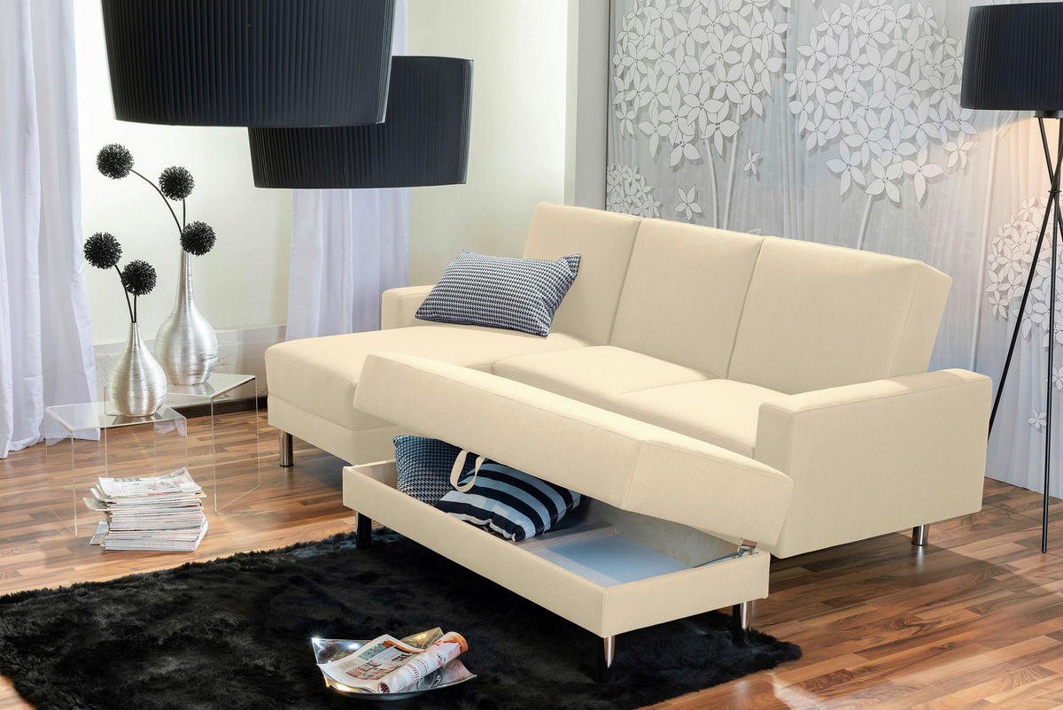 ECKSCHLAFSOFA inkl. Hocker in Beige Textil   - Chromfarben/Beige, Konventionell, Textil/Metall (152/230cm) - Max Winzer