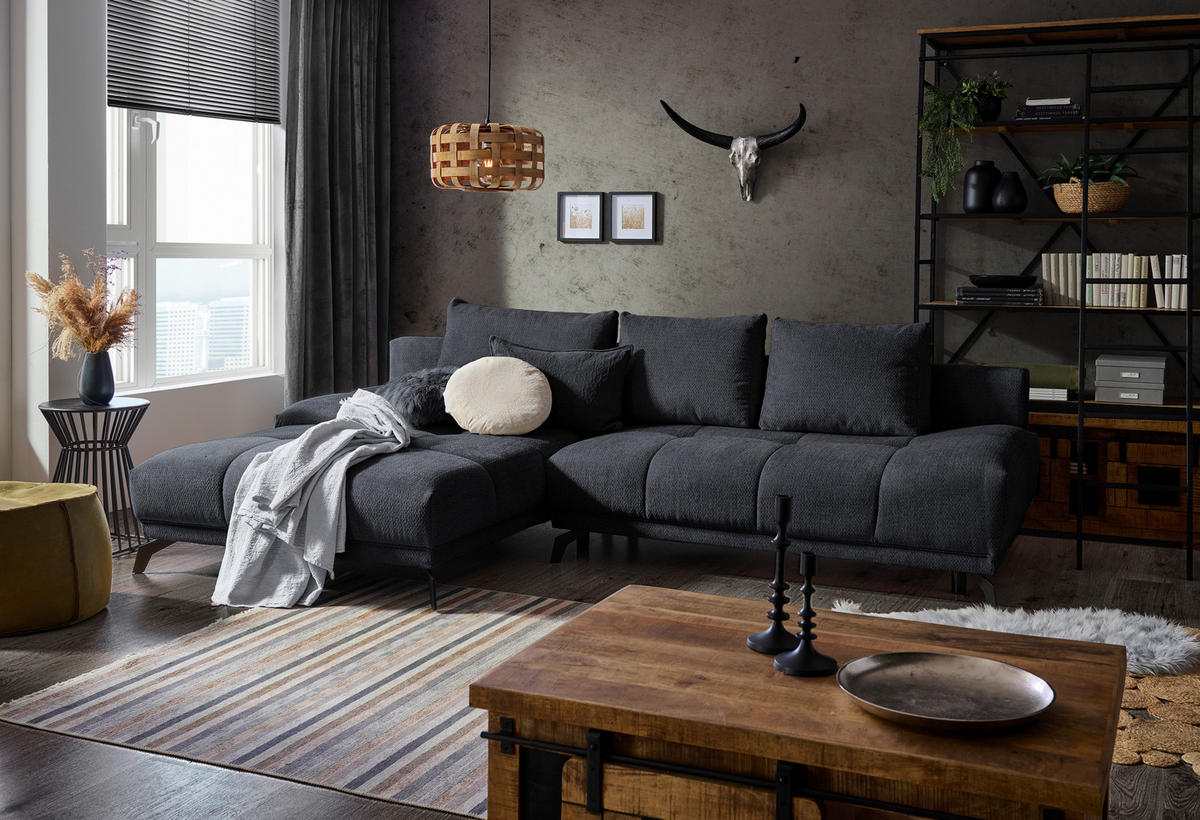 ECKSOFA in Chenille Dunkelblau  - Schwarz/Dunkelblau, Modern, Textil/Metall (182/290cm) - Hom`in
