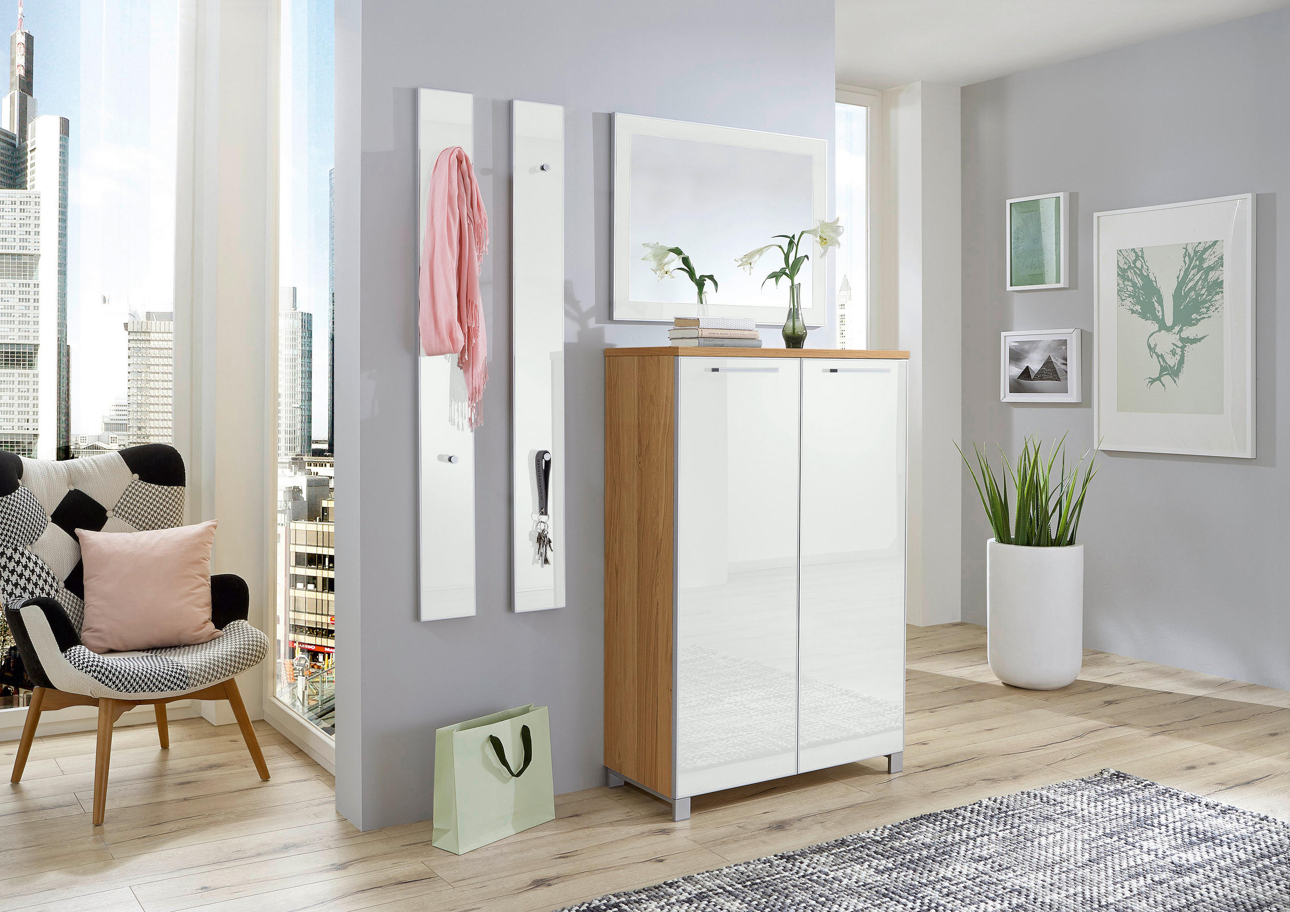 GARDEROBE Weiß, Eichefarben - Eichefarben/Weiß, Design, Glas/Holz (135/195/37cm)
