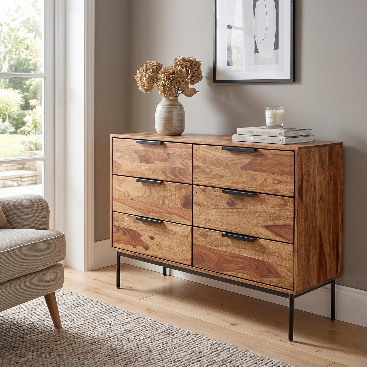 SIDEBOARD  117/80/42 cm 6 Schublade(n)  - Sheeshamfarben/Schwarz, Design, Holz/Metall (117/80/42cm) - MID.YOU