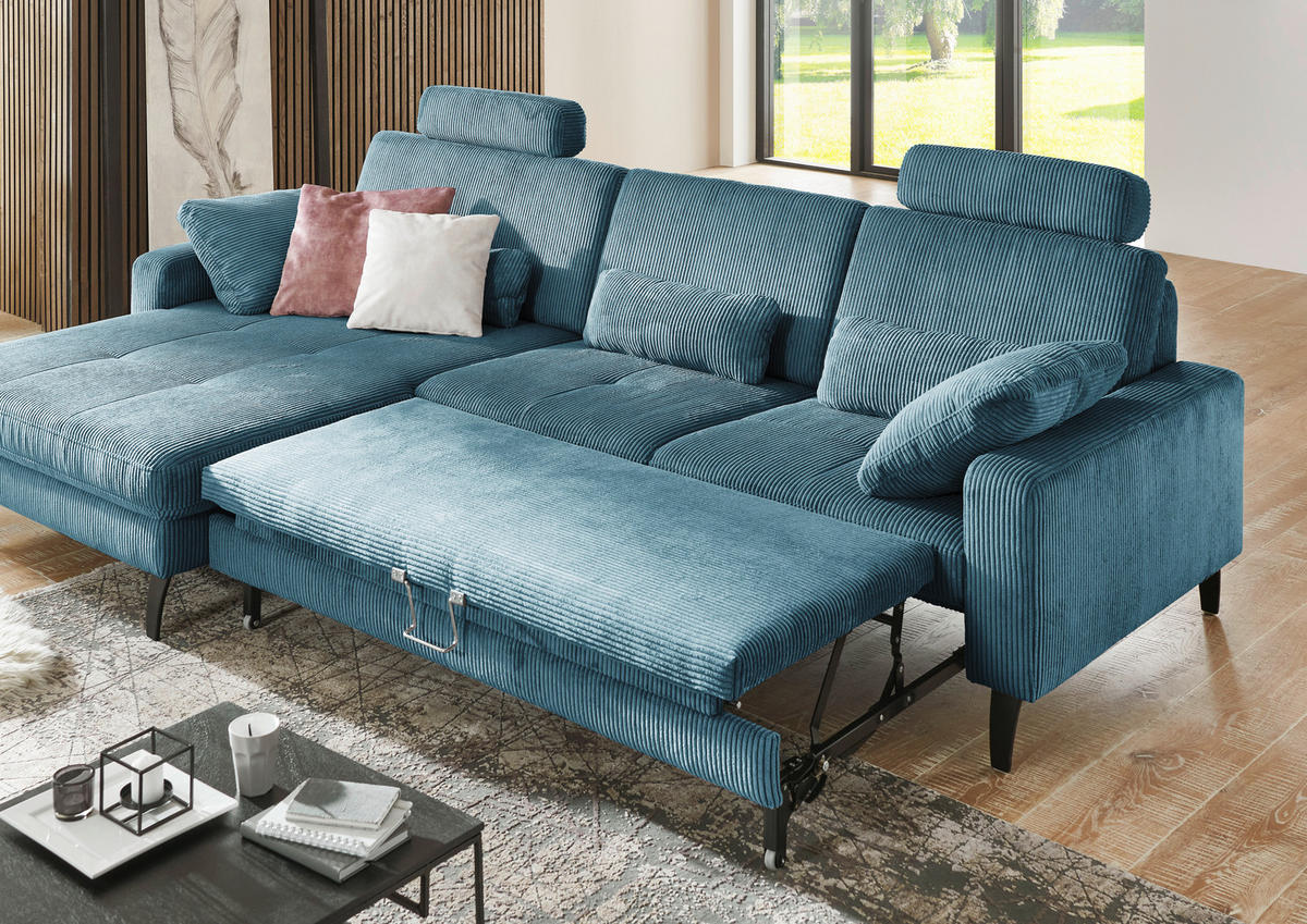 ECKSOFA in Cord Petrol  - Petrol/Schwarz, Modern, Textil/Metall (177/302cm) - Beldomo Style