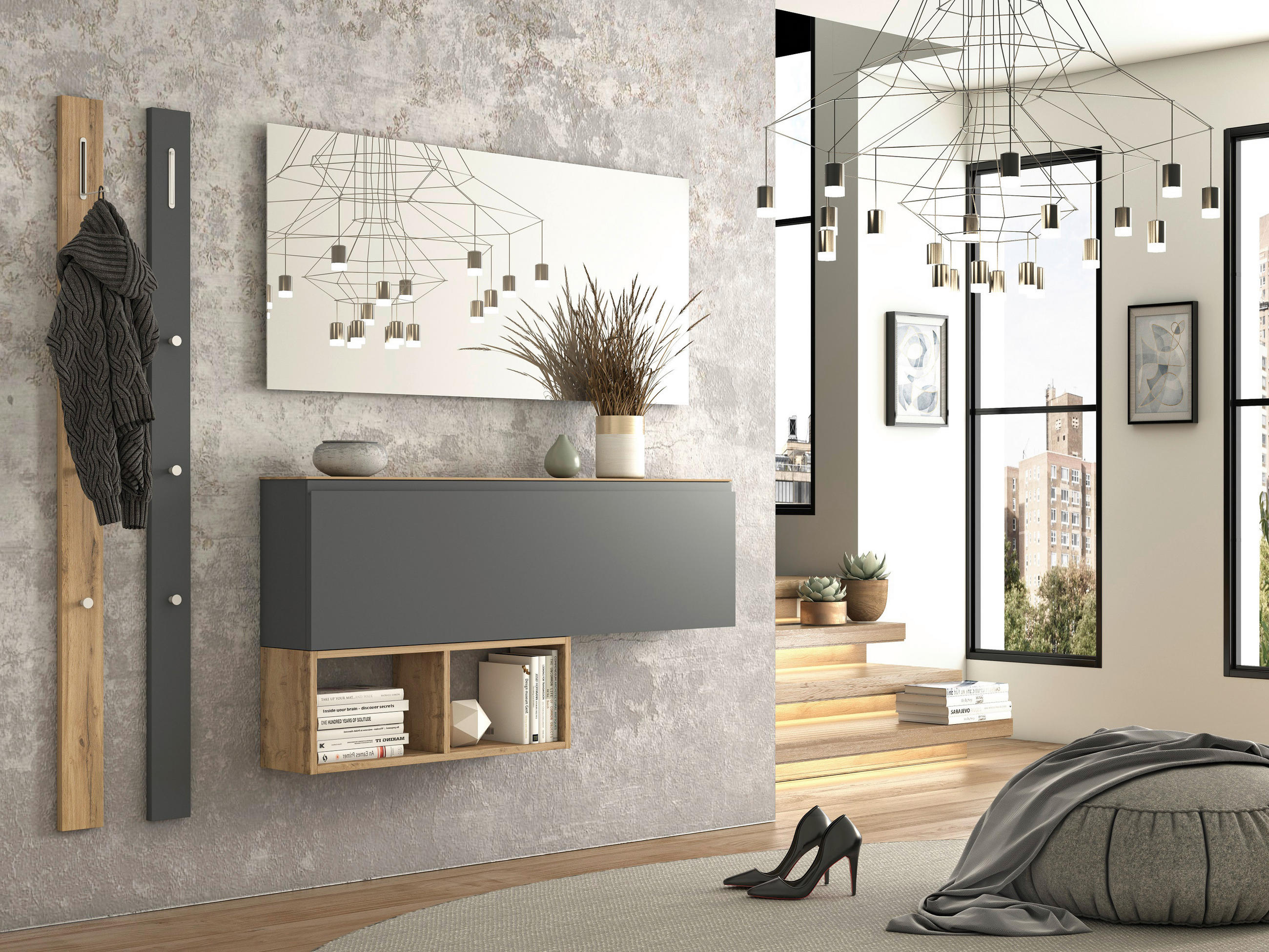 GARDEROBE 5-teilig  in 180/185/22 cm  - Eichefarben/Anthrazit, Design, Holzwerkstoff (180/185/22cm) - Moderano