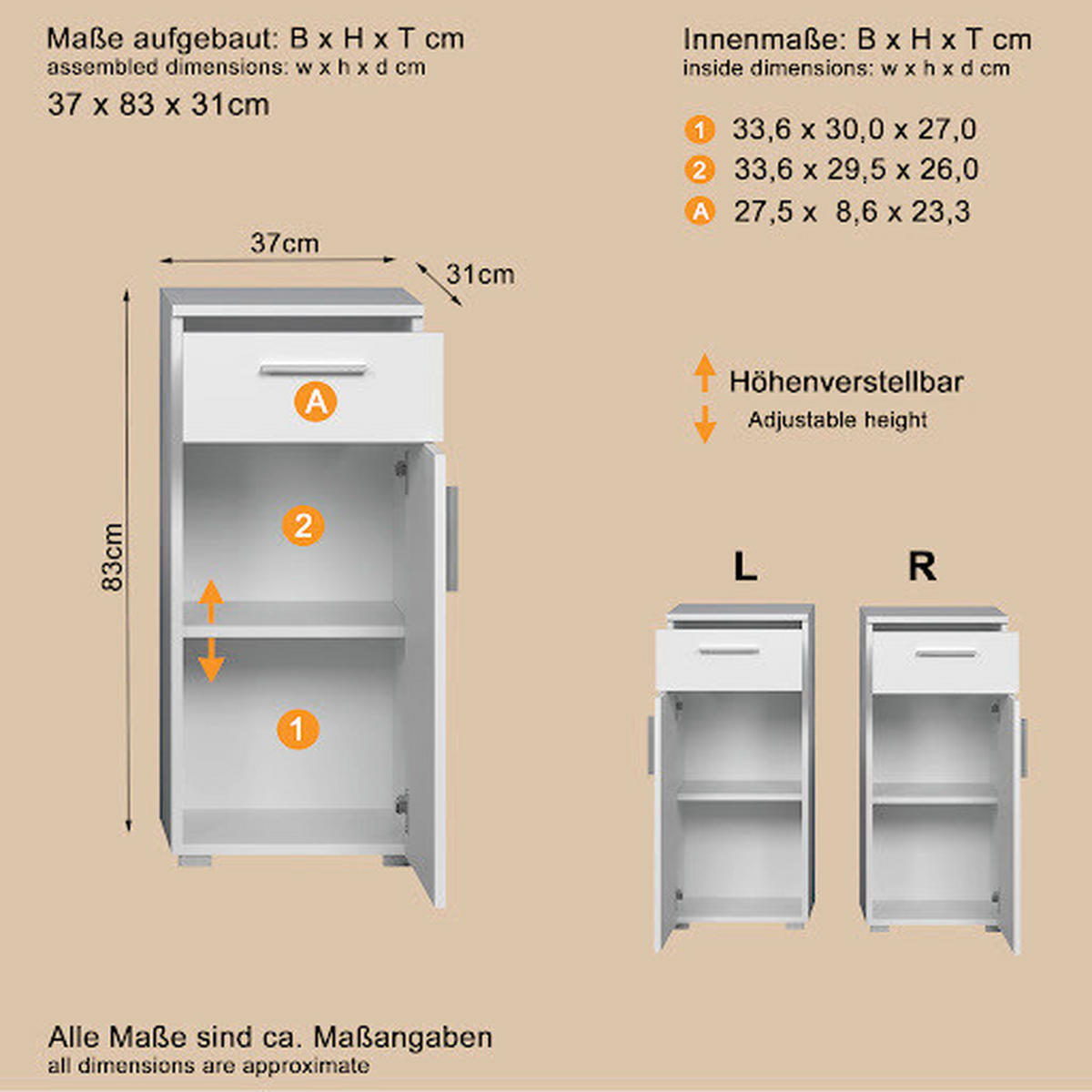 MIDISCHRANK 37/83/31 cm  - Weiß Hochglanz/Silberfarben, Trend, Holzwerkstoff/Kunststoff (37/83/31cm) - MID.YOU