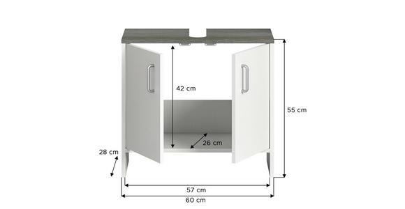 WASCHBECKENUNTERSCHRANK 60/55/28 cm - Silberfarben/Weiß, MODERN, Holzwerkstoff/Kunststoff (60/55/28cm) - Xora