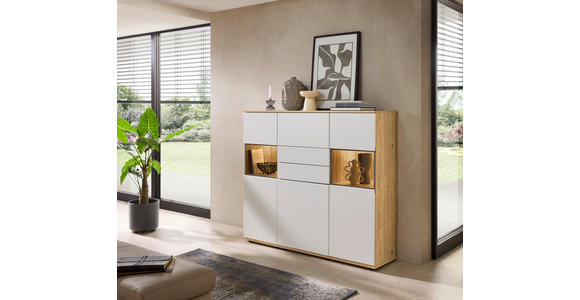 HIGHBOARD Weiß, Eichefarben  150/131/40 cm  - Eichefarben/Schwarz, KONVENTIONELL, Glas/Holzwerkstoff (150/131/40cm) - Venda