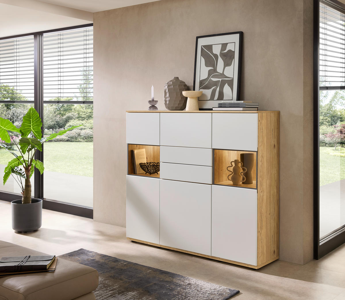 HIGHBOARD Weiß, Eichefarben  150/131/40 cm  - Eichefarben/Schwarz, KONVENTIONELL, Glas/Holzwerkstoff (150/131/40cm) - Venda