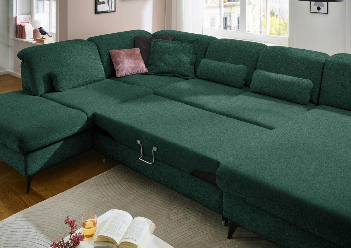 WOHNLANDSCHAFT Chenille Waldgrün  - Waldgrün/Schwarz, Design, Textil/Metall (255/369/198cm) - Beldomo Style