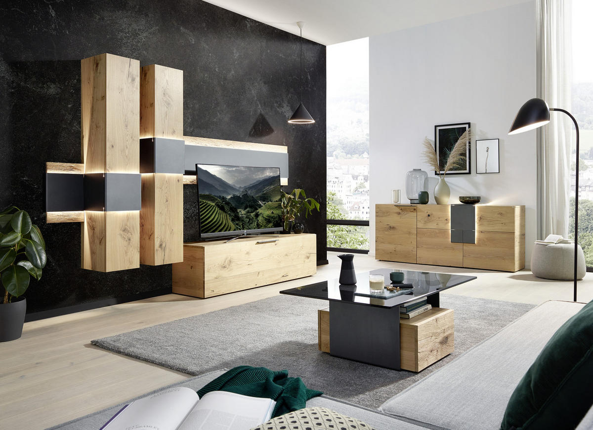 WOHNWAND V-Taurino  in Anthrazit, Eichefarben  306/212/47 cm  - Eichefarben/Anthrazit, Natur, Holz/Metall (306/212/47cm) - Voglauer