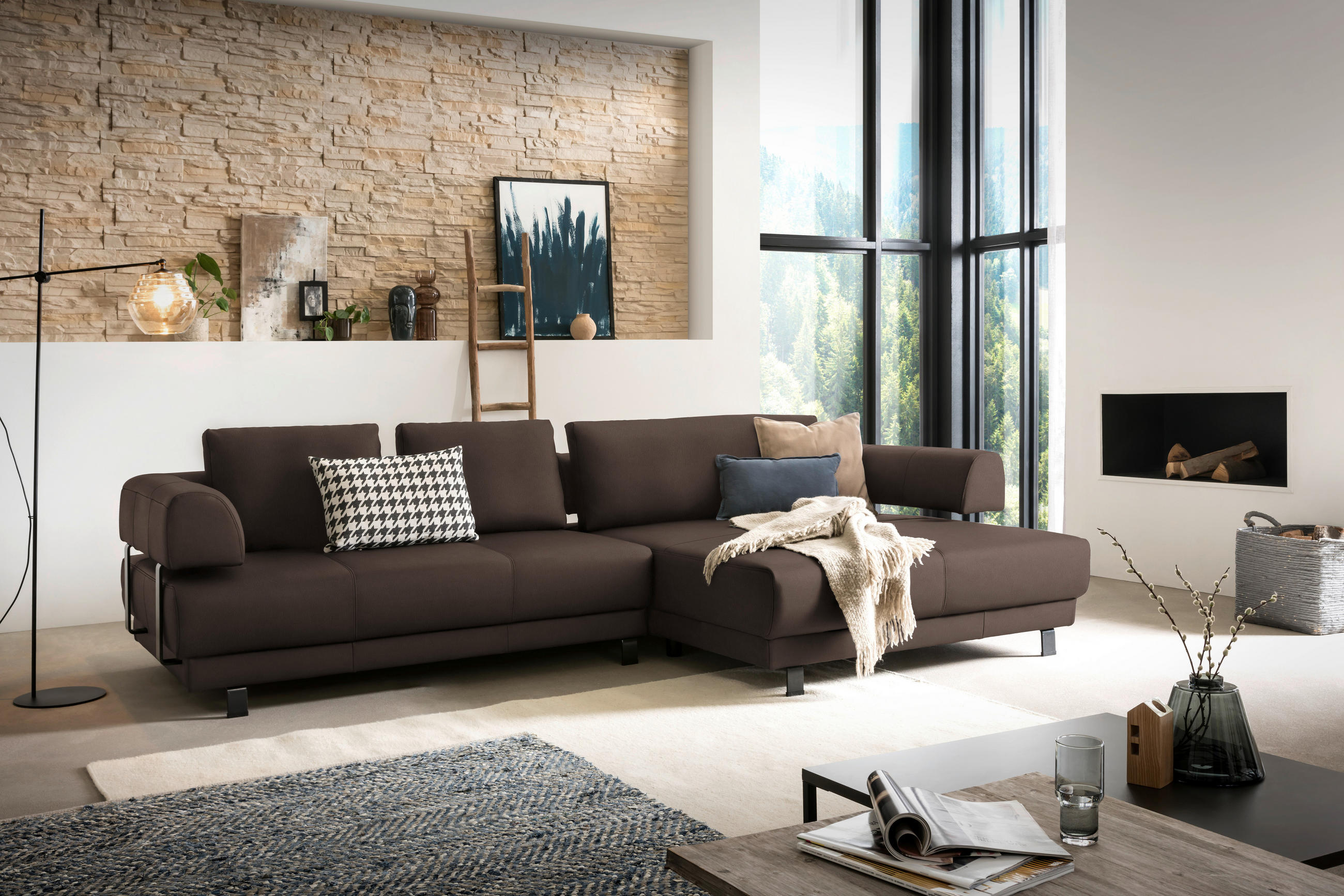 ECKSOFA Braun Echtleder  - Schwarz/Braun, Design, Leder/Metall (307/188cm)