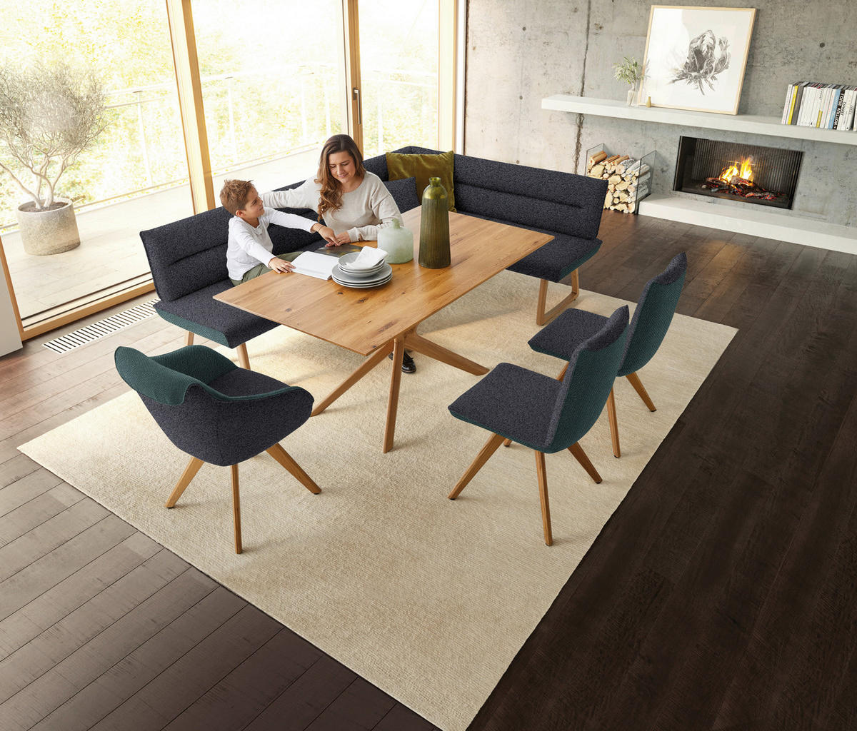 ECKBANK in Textil Petrol, Dunkelgrau  - Eichefarben/Dunkelgrau, Design, Holz/Textil (162/237cm) - Koinor