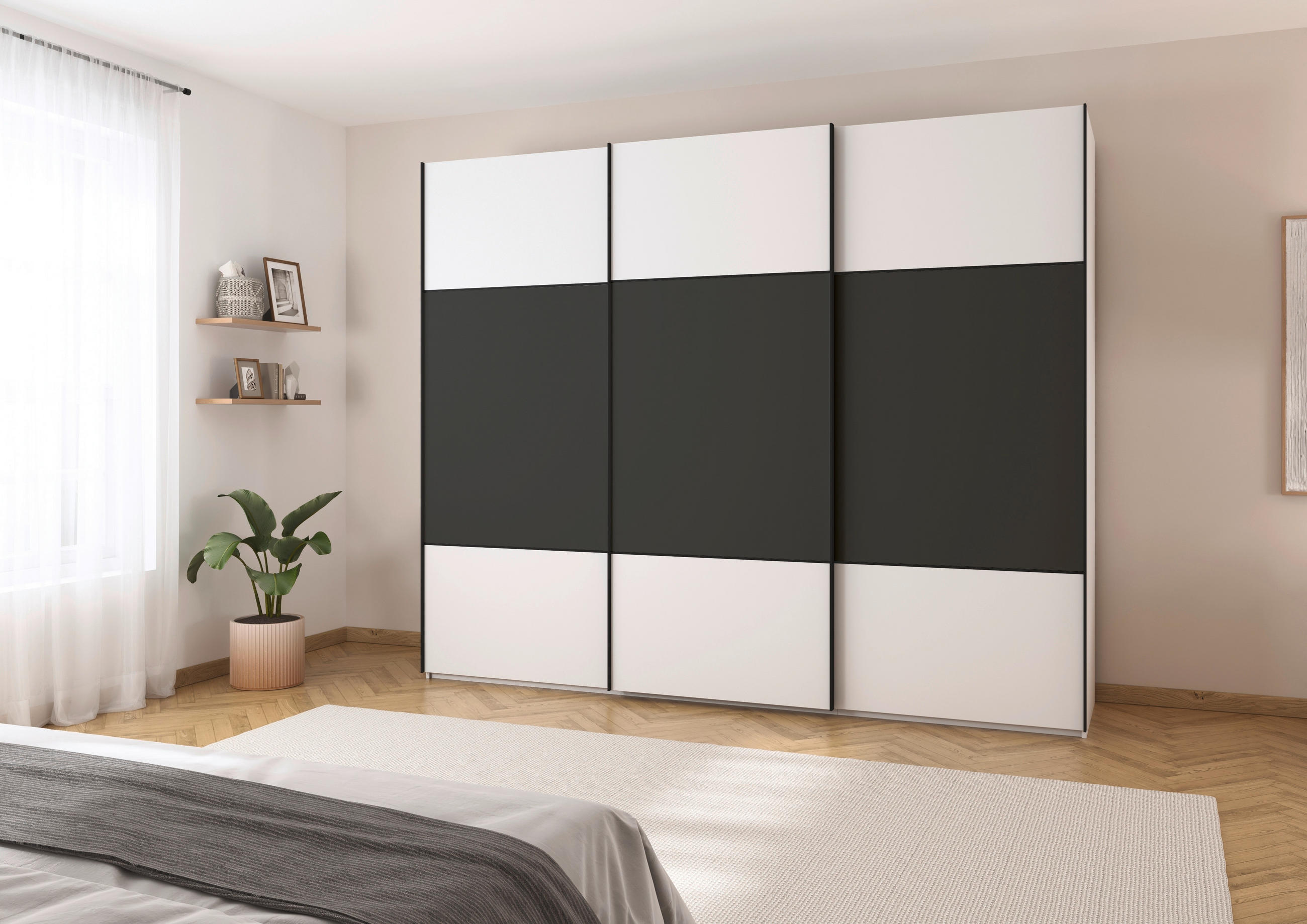 SCHWEBETÜRENSCHRANK 301/223/68 cm 3-türig Graphitfarben, Weiß  - Schwarz/Graphitfarben, KONVENTIONELL, Holzwerkstoff/Metall (301/223/68cm) - Novel