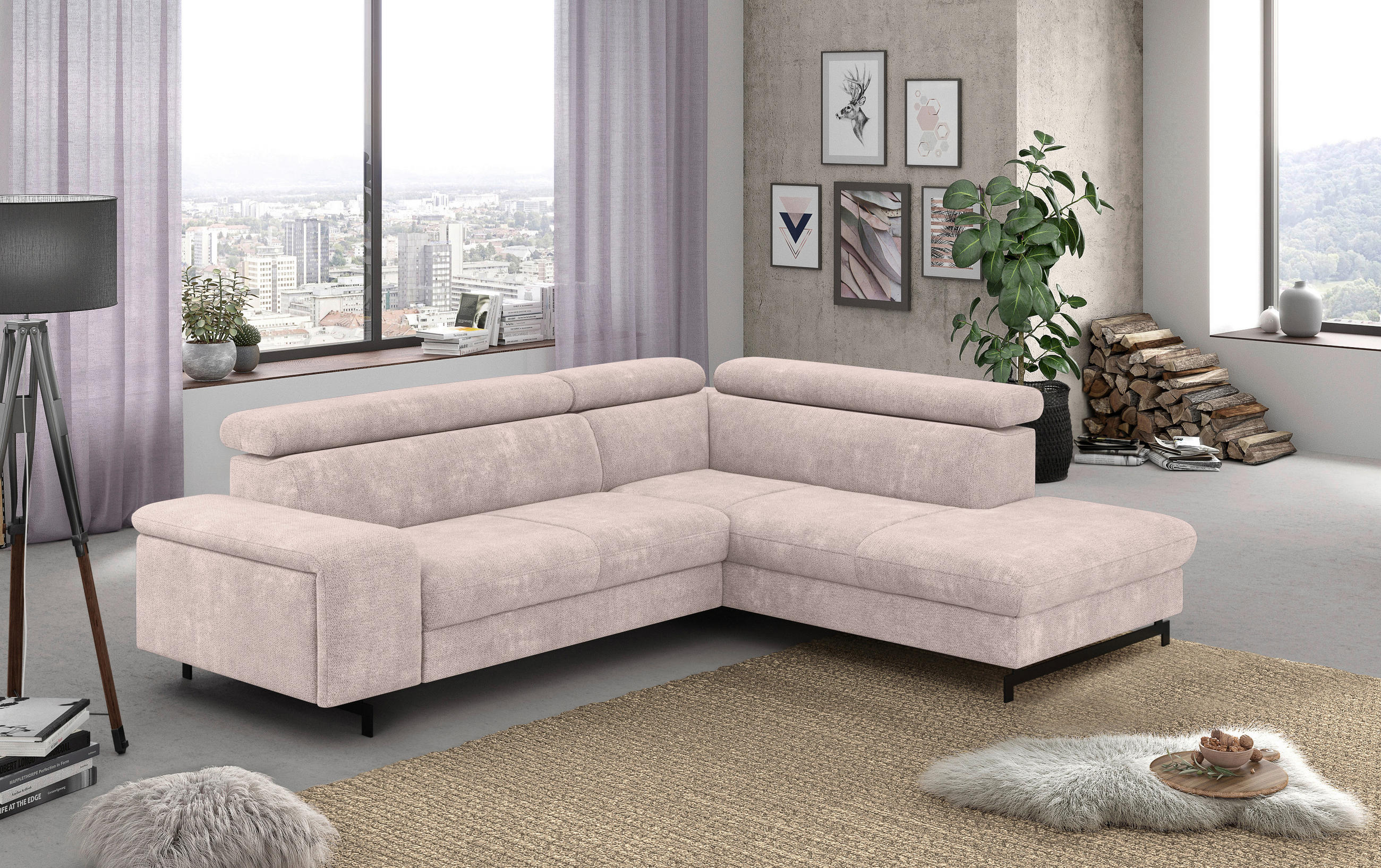 ECKSOFA in Chenille Creme  - Creme/Schwarz, Textil/Metall (262/215cm) - MID.YOU
