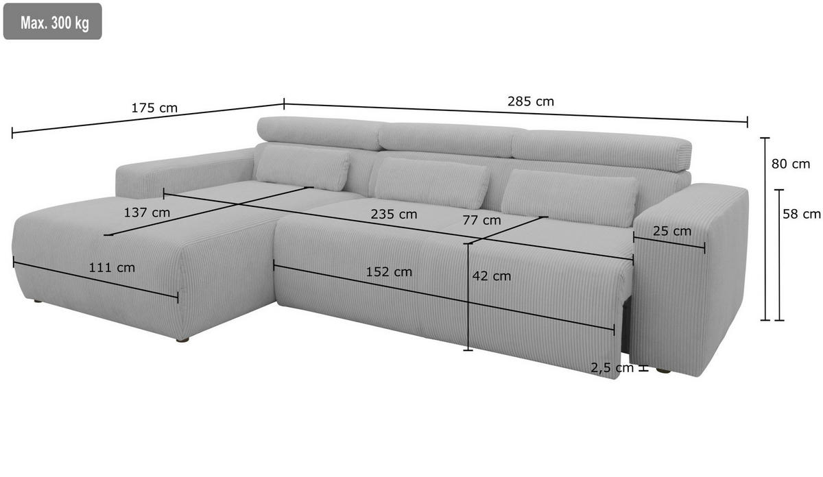 ECKSOFA in Mikrofaser Silberfarben  175/285 cm  - Silberfarben/Schwarz, Design, Kunststoff/Textil (175/285cm) - MID.YOU