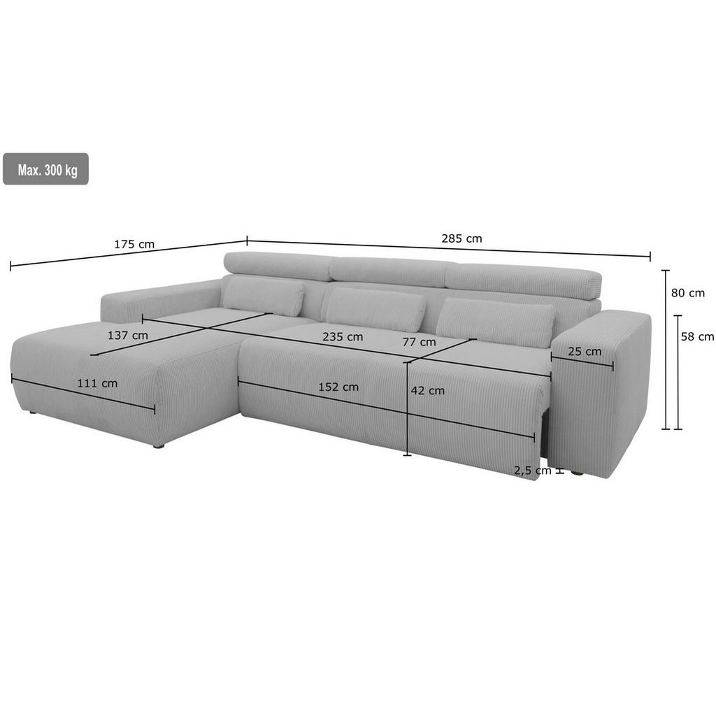Thumbnail - Mid.you Ecksofa, Silber, Textil, Uni, 3-Sitzer, Ottomane links, L-Form, 285x175 cm, Made in EU, FSC Mix, Rücken echt, Wo...