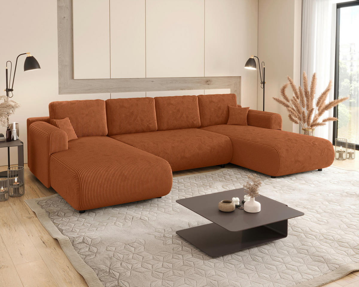 Wohnlandschaft inkl. Funktion Terracotta Cord  - Terracotta/Schwarz, KONVENTIONELL, Textil (200/360/200cm) - Xora