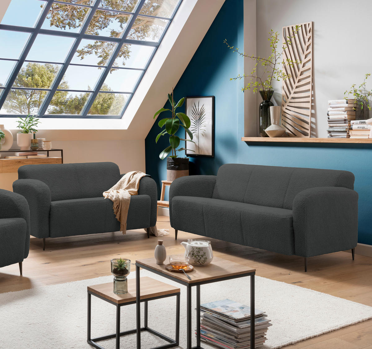 SITZGARNITUR in Teddystoff Anthrazit  - Anthrazit/Schwarz, Modern, Textil/Metall (180/76/90cm) - Livetastic