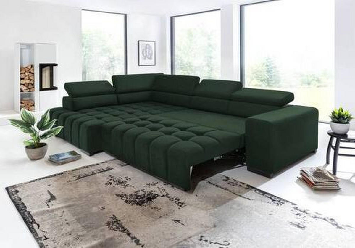 ECKSCHLAFSOFA in Velours Grün  - Schwarz/Grün, Design, Holz/Textil (201/307cm) - Livetastic
