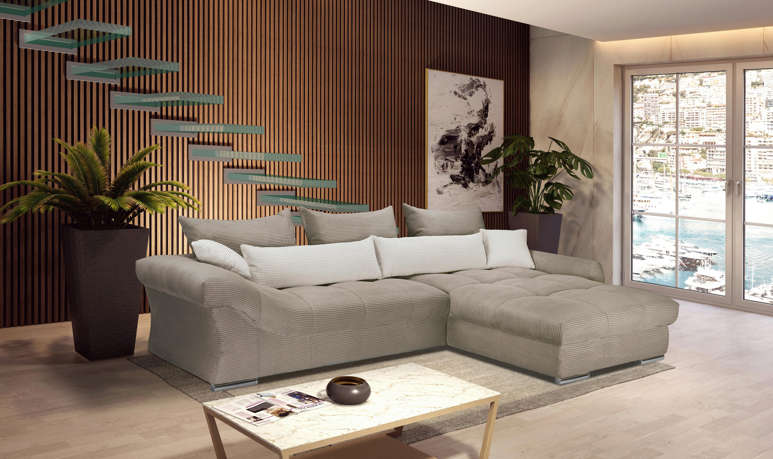 ECKSOFA Naturfarben, Taupe Cord  - Taupe/Chromfarben, KONVENTIONELL, Textil/Metall (335/225cm) - Carryhome
