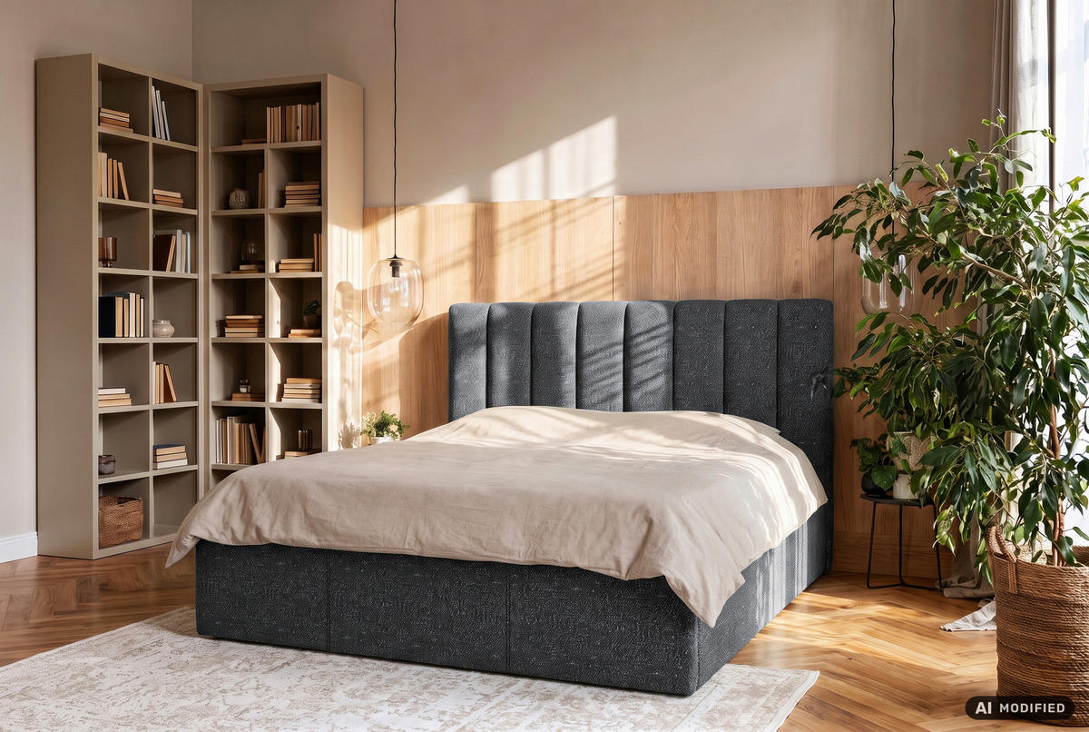 POLSTERBETT 160/200 cm,  in Anthrazit, Matratze, Lattenrost, Bettkasten, H3 + H4 = fest + sehr fest  - Anthrazit, Trend, Holz/Textil (160/200cm) - Boxxx
