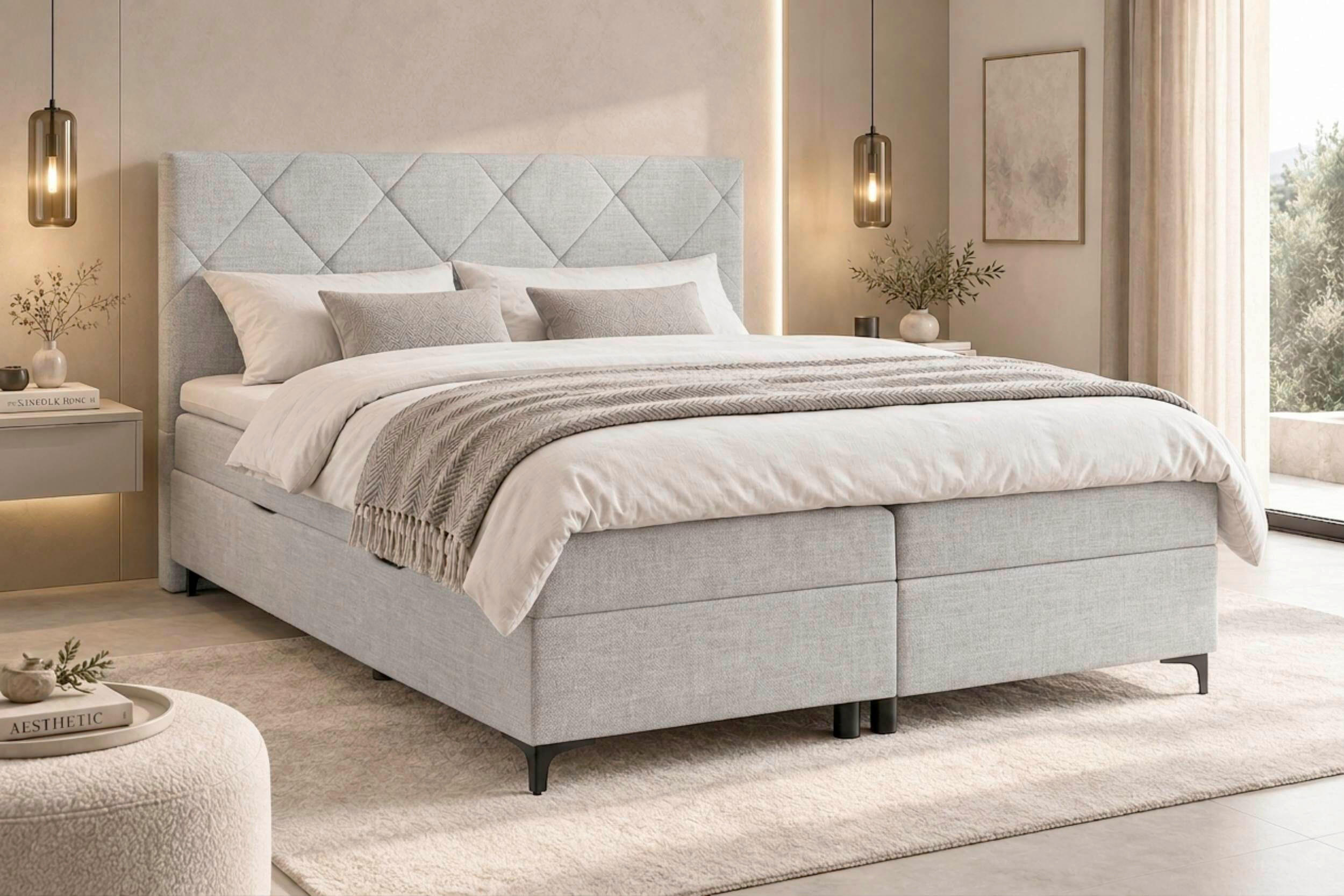 BOXBETT 160/200 cm,  in Hellgrau, Bettkasten, Topper, H3 + H3 = fest  - Hellgrau/Schwarz, MODERN, Holz/Textil (160/200cm) - MID.YOU