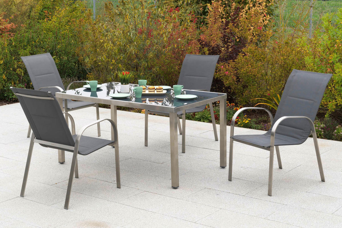 GARTENTISCHGRUPPE beschichtet Stahl  - Silberfarben/Grau, KONVENTIONELL, Glas/Textil - Gardenson